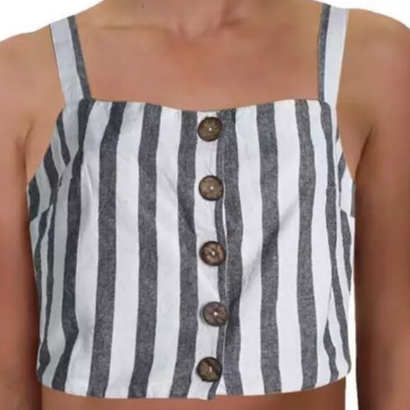 RD STYLE CROP TANK - Large - Striped Top Button Down Summer Sleeveless Shirt - Picture 3 of 7